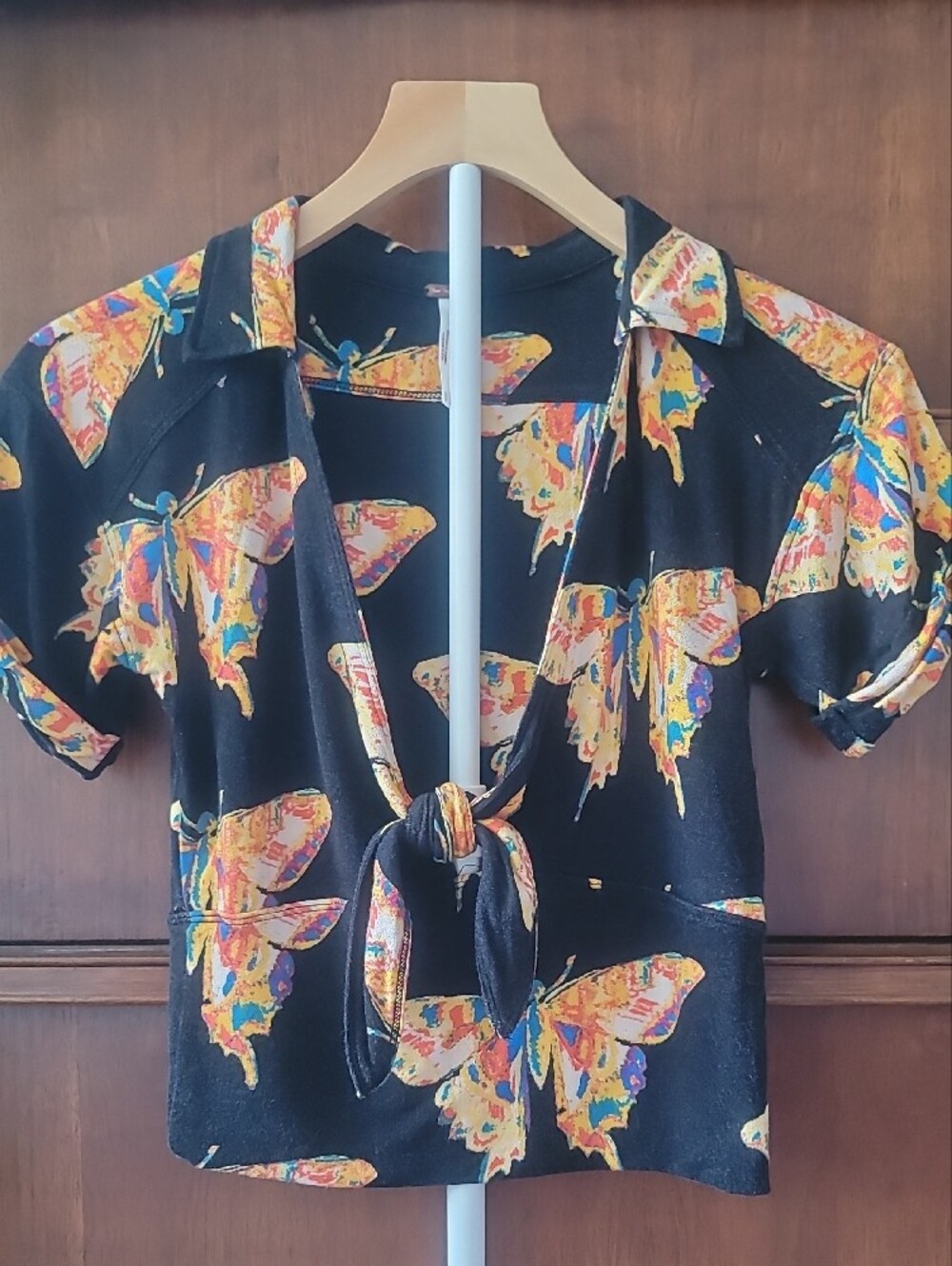 Free People Multicolor Butterfly Tie Front Crop Top With Collared Neck Line